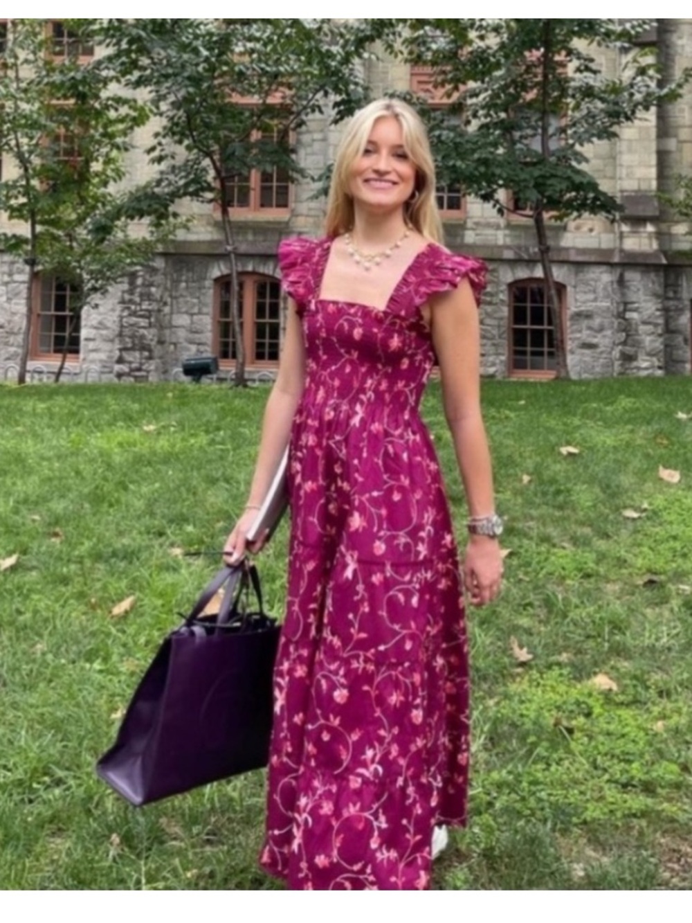 Hill House Ellie Burgundy Pink Floral Nap Midi Dress XL Smocked Tiered Like New - Picture 7 of 13